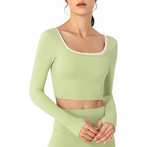 Hit Color U Neck Long Sleeved Sports Yoga Shirts Women Slim Fit Fitness Running Workout Cropped Tops Pullover with Built In Bra