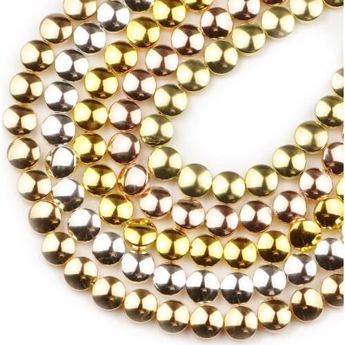 HGKLBB Natural Stone Rose Gold Silvers Flat Round Hematite 8mm 48pcs coin loose Spacer Beads For Jewelry Making Diy Bracelets