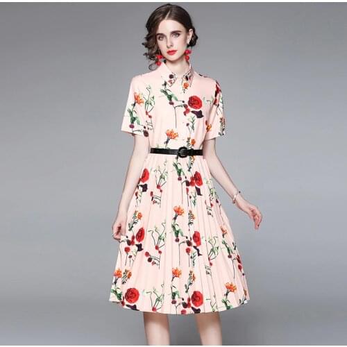 JSXDHK Elegant Women Shirt Dress 2021 Summer Flower Printed Single Breasted Pink Short Sleeve Female Holiday Pleated Slim Dress