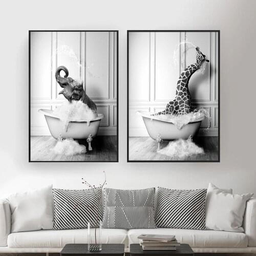 Canvas Painting Black and White Animals Bathroom Photo Wall Art Pictures Giraffe Elephant Bubble Funny Posters Animes Room Decor