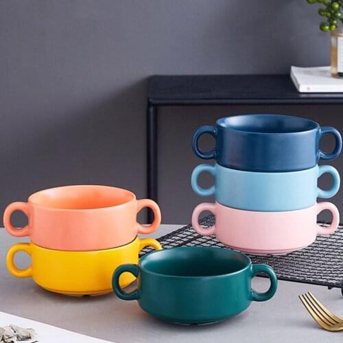Ceramic Double Ear Bowl Simple Nordic Style Childrens Steamed Egg Soup Cup Soup Cup Breakfast Cereal Bowl Shufulei Baking Bowl