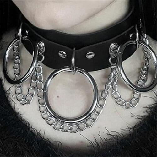 Black Studded Three O Rings and Chain Vegan Leather Collar Choker - O Ring Chain Choker-Goth Choker - Leather Harness Steampunk