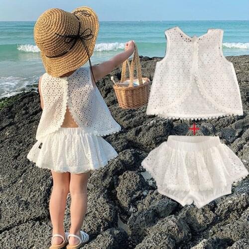 Hollow Out Clothing Sets 2021 Summer Girls Tracksuit Sleeveless Shirt and Pant Skirt Suit Lace Suit for Kids Two Pieces Sets