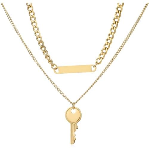 Minimalist Stainless Steel Key Layered Pendant Necklace for Women Charm Metal 14K Plated Chain Choker Collier Bijoux Femme