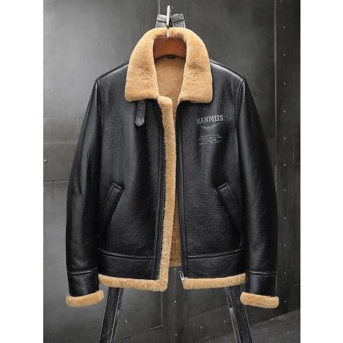 Shearling Sheepskin Leather Fur Coat male B3 Bomber Jacket Aviator Outerwear Mens Motorcycle Thick Winter Warm Jacket