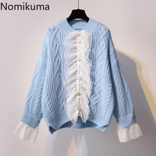 Nomikuma Sweet Lace Ruffle Patchwork Knitted tops Autumn Winter Korean Long Sleeve O-neck Women Sweater Coat 2020 New 6C074