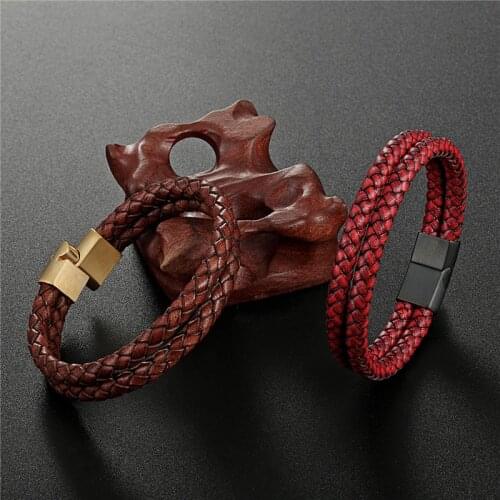 New 4 Color Retro Genuine Braided Leather Bracelet Women Men Stainless Steel Double Layer Leather Magnetic Charms Bracelet Gift