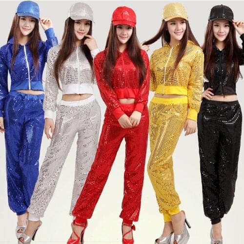 Adult Jazz Hip hop Modern Dance Wear Paillette Stage Performance Clothing Women Sequins Cheerleading Dance Costumes Tops Pants