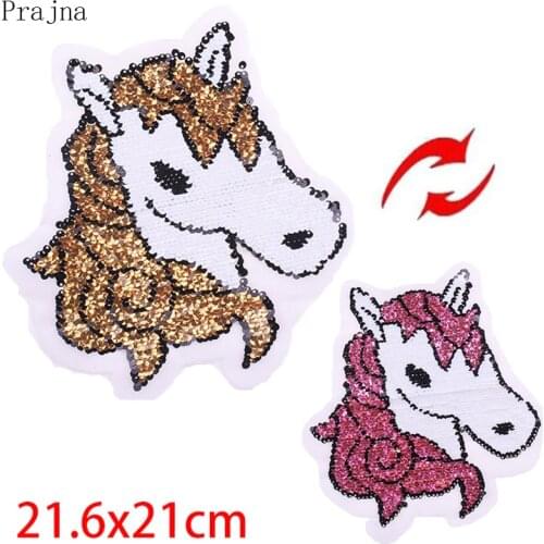 Prajna Horse Unicorn Patch Reversible Glitter Sequin Patches DIY Sew On Embroidered Patches For Clothes Stripes Stickers Badge