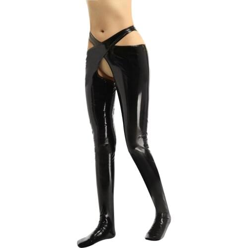 Sexy Women Ladies Fashion Wet Look Patent Leather Trousers Sissy Exotic Pants Crotchless Open Butt Lingerie Latex Pants Clubwear