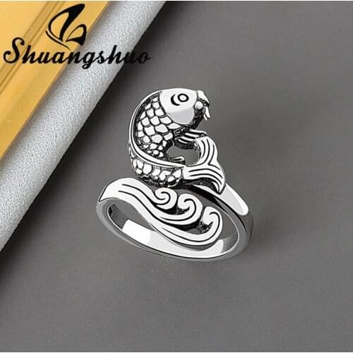 Shuangshuo Vintage Jewelry Silver Color Fashion Small Carp Fish Opening Rings Women Elegant Animal Phoenix Snake Peacock Ring