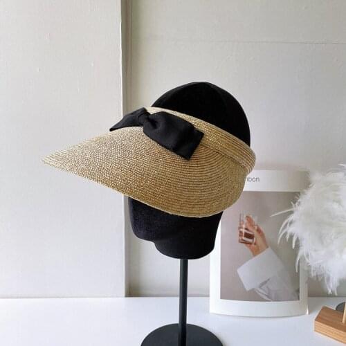 High Quality Fine Straw Black Bowknot Natural Straw Empty Top Straw Hats For Women Female Summer Cycling Fishing Sunscreen Visor