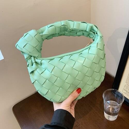 Knotted Handle Tote Bags Women Green Hand-woven Shoulder Bag Soft Leather Clutch Handbag Lady Unique Design Weave Plaid Hobo Bag