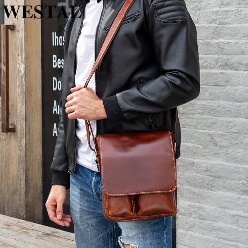 WESTAL shoulder bag for men’s crossbody bags genuine leather messenger bag mens vintage shoulder bag cover zipper handbag 8559