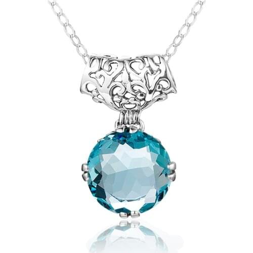 Szjinao Womens Sterling Silver 925 Necklaces Pendants Aquamarine Blue Topaz Round Pendant Gemstone Party Wedding Jewelry Gift