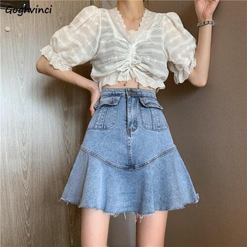 Skirts Women A-Line Blue Denim Mini Pockets Solid Korean Preppy Style Leisure Hip Hop Slim Cute Ladies Punk Cool Young Girls New