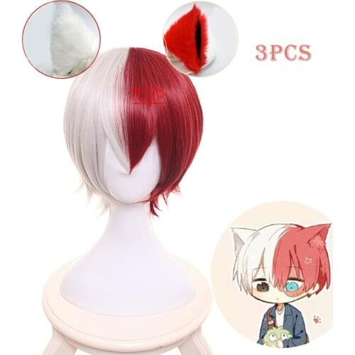 My Hero Academia Shoto Todoroki Cosplay Wig Short Red White Wig Ear Hairpins Boku No Hero Academia Hair + Free Wig Cap Woman Man