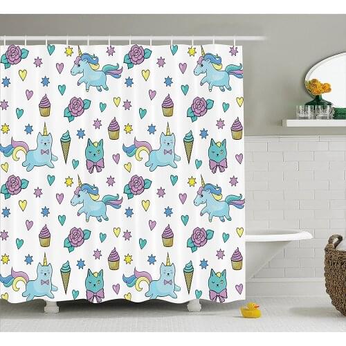 Unicorn Cat Shower Curtain Girls Pattern with Hearts Stars Flowers Ice Cream Cute Funny Bathroom Waterproof Curtains