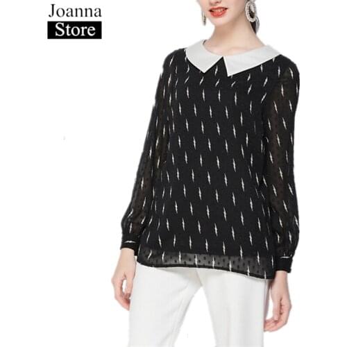 Spring New Chiffon Print Stitching Short T-Shirt Women O-Neck Long Sleeve Vintage Loose Tees Black Plus Size Casual Wild Clothes