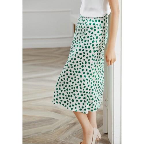 100% Silk Dot Print Women Midi Skirt Elastic High Waist Lady Slim Holiday Soft Green Leopard Long Skirt For Spring Summer