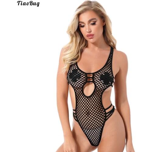 TiaoBug Women Lingerie Hollow Out Fishnet Plunging Neckline Strappy Leotard See-Through Cutout High Cut Sleeveless Bodysuit