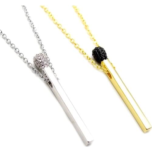 Gold Silver Matchstick Metal Pendants Black CZ Stone Setting Matches Stainless Steel Chain Necklace Fashion Women Jewelry