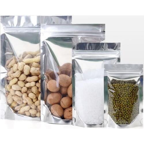 50pcs Doypack Resealable Aluminum Foil Food Package Bag Clear Stand Up Zip Lock Plastic Packing Candy Dry Fruit Snack Pouches