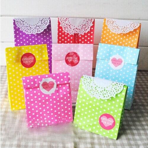 40pcs 18x9.5x6cm Colorful Polka Dot Blank Kraft Gift Bag Candy Color Stand Up Candy Cookie Bags DIY Wedding Party Favor Bag