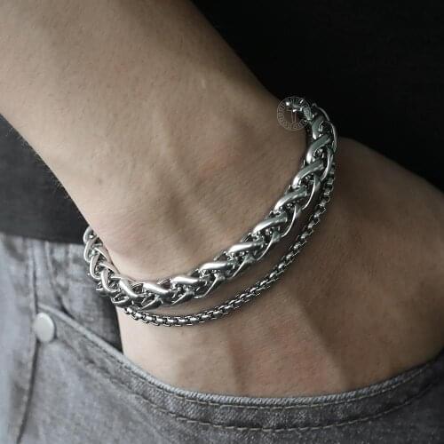 Double Chains Bracelets For Men Wheat Curb Cuban Link Polished Mens Bracelet Chain Stainless Steel Jewelry 8mm