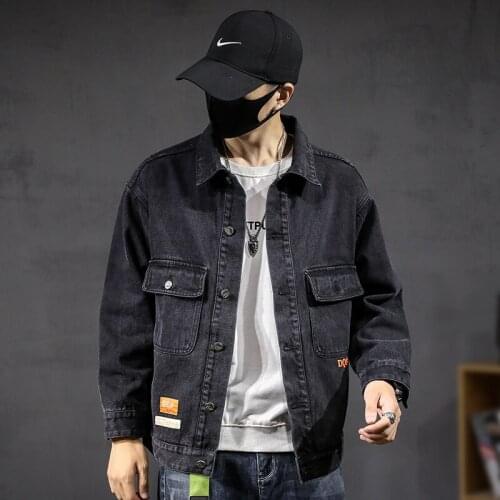 Men Clothes Jean Jacket 2021 Spring New Printing Denim Jacket Mens Loose Fat Hip Hop Korean Coats Black Gray Denim Jacket