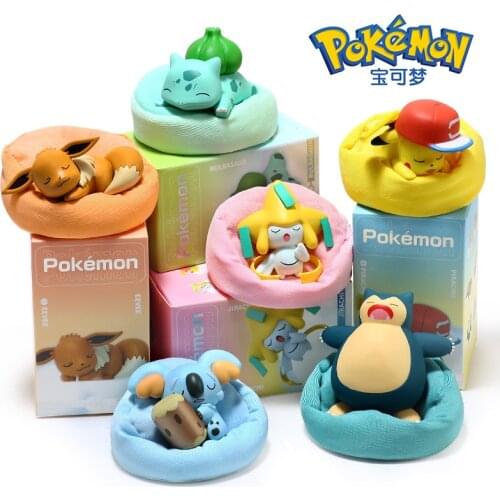 Genuine Pokemon Starry Dream Series Pikachu Jirachi Eevee Komala Snorlax Bulbasaur Anime Figures With Plush Base Dolls Toys