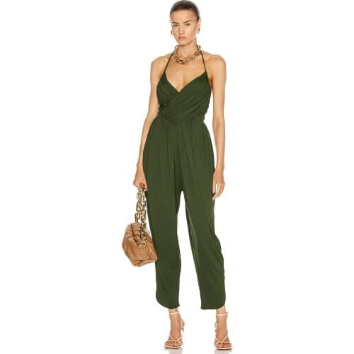 High Street Summer Fashion Sexy Backless Halter Ruched Green Black Women Jumpsuit 2021 Celebrity Designer Fashion Rompers