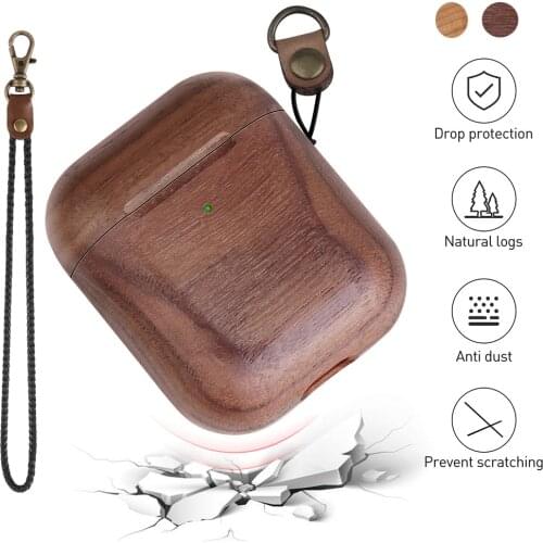 JINSERTA Wooden Case for Airpods 1/2 Bluetooth Headphone Shcokproof Protective Cover with Lanyard for Airpods 1/2 Charging Box