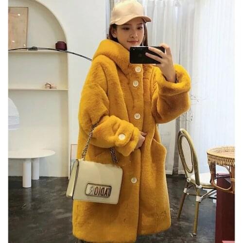Korean Fashion Faux Fur Long Coat Women Thick Warm Winter Plush Jacket Plus Size Sweet Hooded Loose Soft Luxury Overcoat Female