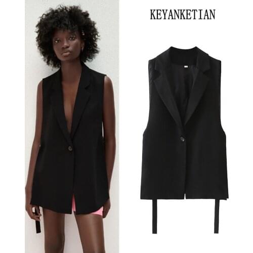 KEYANKETIAN Summer new style womens suit collar side slit a buckle black vest jacket metal waistcoat jacket women