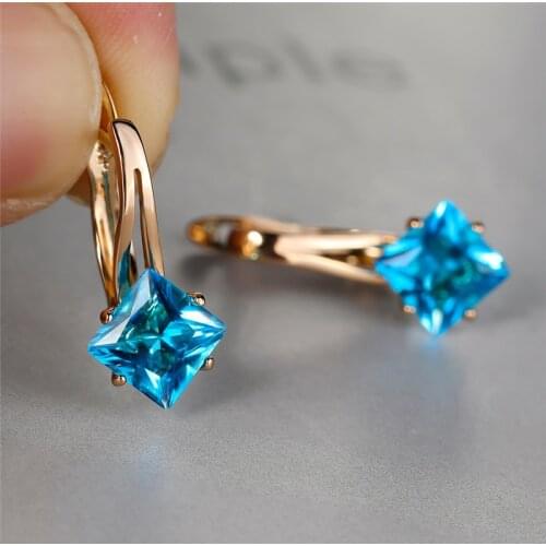 Trendy Female Aqua Blue Zircon Earrings Charm Rose Gold Color Clip Earrings For Women Dainty Crystal Square Wedding Earrings