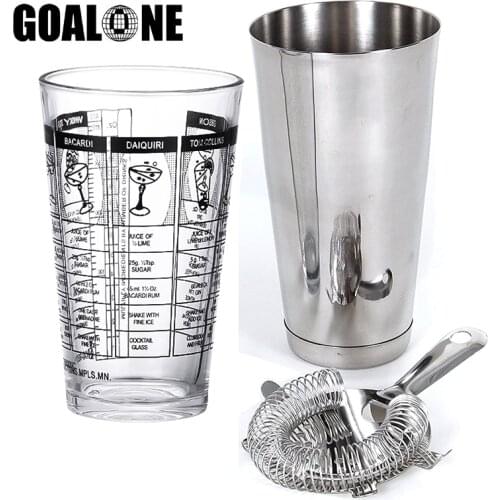 GOALONE 3Pcs Boston Cocktail Shaker Set 750/400ML Glass Measuring Shaker Cocktail with Strainer Bartender Kit Gifts Bar Tools
