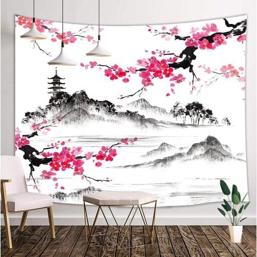 Japanese Asian Anime Mount Fuji with Cherry Blossoms Sakura Flower Tapestry Wall Hanging for Living Room Bedroom Dorm Décor