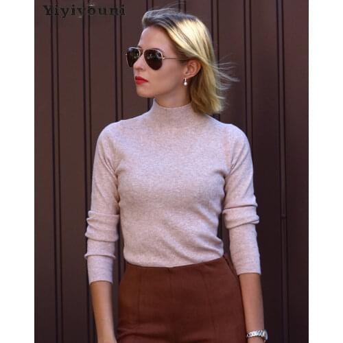 Yiyiyouni Autumn Winter Solid Cashmere Sweater Women Long Sleeve Knitted Turtleneck Sweater Women Slim Fit Basic Pullover Female