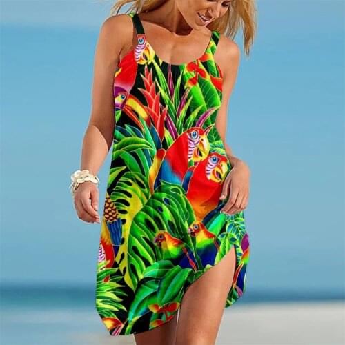 Papertiger Green Grass Cute Parrot Print Fashion Casual Ladies Summer Beach Dress
