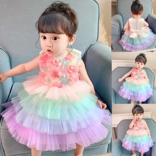 PLBBFZ Newborn Baby Girl 1st Year Birthday Dress Lace Party Flowers Colorful Dress Infant Baptism Gown Toddler Girls Clothes
