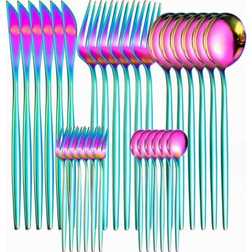 Rainbow Tableware Kitchen 30pcs Cutlery Set Stainless Steel Dinner Set Spoon Fork Knife Dinnerware Set Tableware Home Flatware