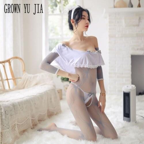 Sexy womens maid uniforms long-sleeved mesh bodysuit Erotic Open crotch Body stocking cosplay temptationmaid porno lingerie