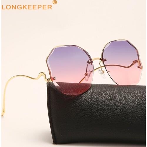 Oversized Rimless Sunglasses Women 2021 Tea Gradient Glasses Cut Trimmed Lens Metal Curved Temples Sun Glasses Female UV400