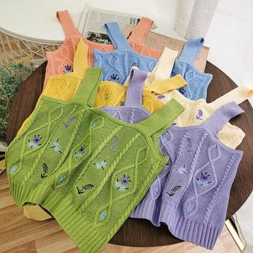 Knitted Women Crop Top Camis Vintage Embroidery Flowers Sleeveless Summer Short Camisole W805