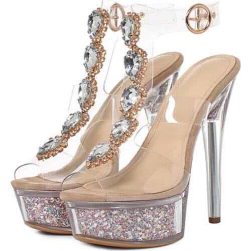 Luminous Sexy Womens Sandals Pumps New Summer Platform Super High Heel Transparent Hollowed out Gemstone Womens Shoes Big Size