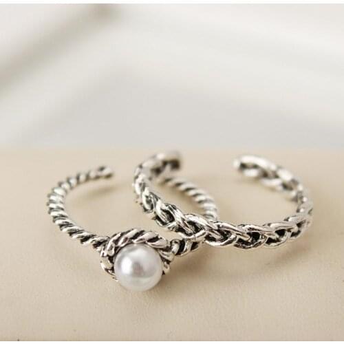 2 PCS/set Vintage Antique Opening Ring Twisted Woven Inset Imitation Pearl Girl Gifts Vintage Black Onyx Opening Rings