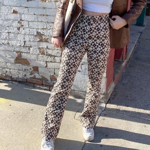 Vintage Floral Print Straight Pants Aesthetic High Waist Streetwear Fashion retro floral brown pants Women Harajuku Trousers