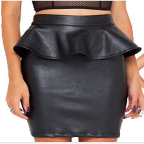 Womens Short Skirt All Match Ruffled Hem Leather High Waist Bag Hip Knee Length