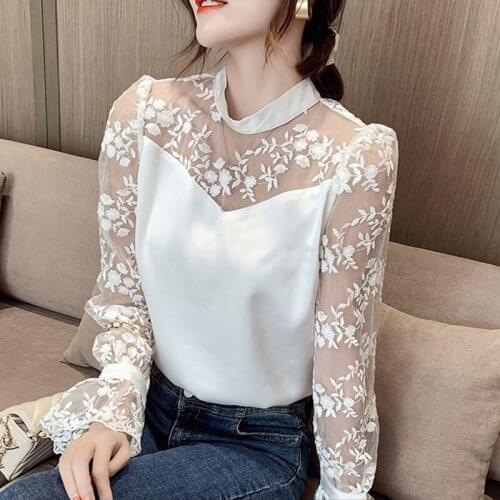 Korean Crochet Floral Women Tops And Bloues Long Sleeve White Blouses Chiffon Lace Shirts For Women Bow Casual Spring New 13514
